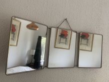 Miroir vintage 1960 triptyque barbier rouge pied de poule  -