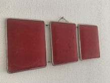 Miroir vintage 1960 triptyque barbier framboise - 24 x 58 cm