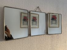 Miroir vintage 1950 triptyque barbier brique - 27 x 67 cm