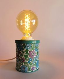 Lampe vintage chevet salon bureau boîte en fer Fleurs bleues