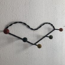 Portemanteau vintage 1960 coeur 5 patères boules - 60 cm