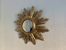 Miroir vintage 1960 soleil sorcière résine bois doré - 59cm