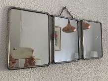 Miroir triptyque barbier chromé chocolat vintage 1940 - 21 x