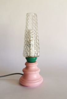 Lampe vintage chevet salon bureau bois verre "Rose bonbon"