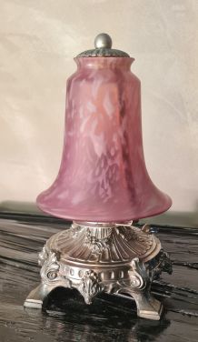 lampe argenté regule  1920 tulipe rose mouchete de blanc 23x