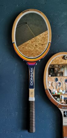 Miroir mural ovale bois raquette tennis vintage "Donnay"