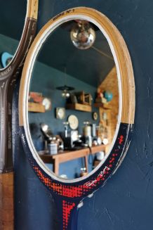 Miroir mural ovale bois raquette tennis vintage Donnay bleu