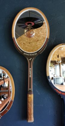 Miroir mural ovale bois raquette tennis vintage "Snauwaert"