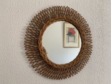 Miroir vintage 1960 soleil fleur rotin osier tressé - 50 cm