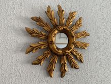 Miroir vintage 1960 soleil bois sculpté feuille d'or - 27 cm