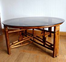 Grande table télescopique en rotin vers 1970