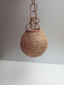 Suspension vintage boule corde et rotin 