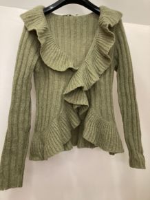 Cardigan cache-cœur à volants olive mohair