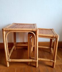 Tables gigognes en rotin vintage 1970