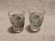 Duo verre à liqueur calèche bateaux vintage rétro France