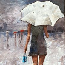 Huile sur toile. 1980. Femme au parapluie.  70x50.