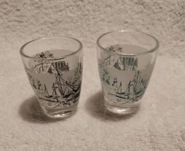 Duo verre à liqueur calèche bateaux vintage rétro France