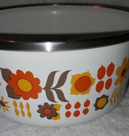 Vintage belle casserole fleurie orange et marron années 70