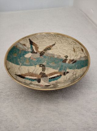 Plat en cloisonné vintage en laiton et émail avec canard 