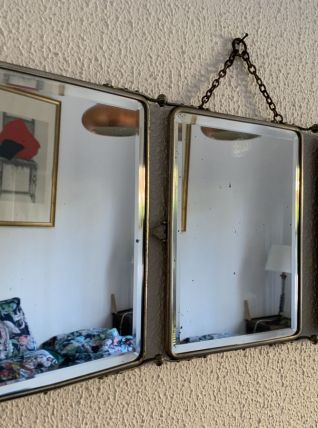 Miroir vintage 1930 triptyque barbier biseauté amarante - 24