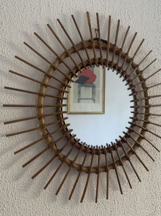 Miroir vintage 1960 soleil rotin osier - 56 cm