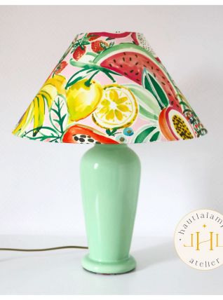 Lampe vintage pied en céramique vert d'eau et abat-jour impr