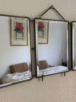 Miroir vintage 1930  triptyque Art Déco tissu cristal - 40 x