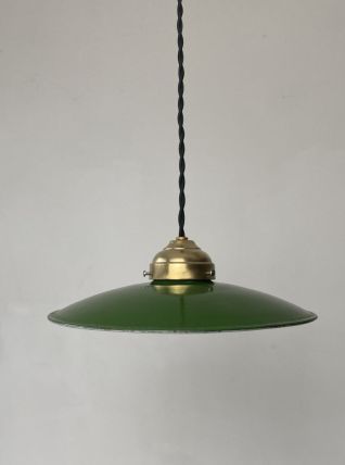 ANCIENNE SUSPENSION EMAILLEE VERT 24,5 CM VINTAGE INDUSTRIEL