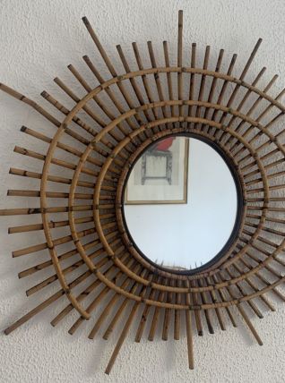 Miroir vintage 1960 soleil rotin style ORTF - 83 x 65 cm