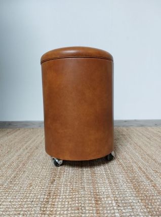 Pouf vintage skaï cognac 1970