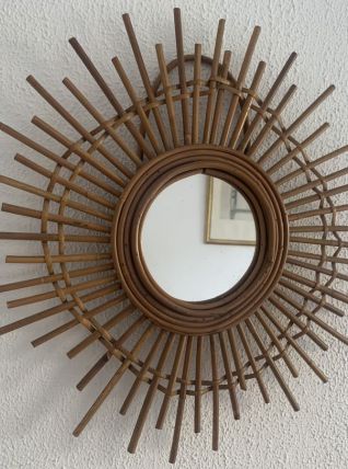 Miroir vintage 1960 soleil étoile asymétrique rotin - 52 cm