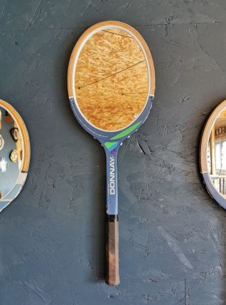 Miroir mural ovale bois raquette tennis vintage "Donnay bleu