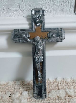 Ancien Crucifix en Métal Argenté et Cuivre - 1910/1920 