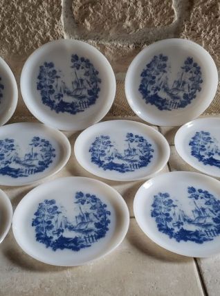 11 assiettes Arcopal motif bleu