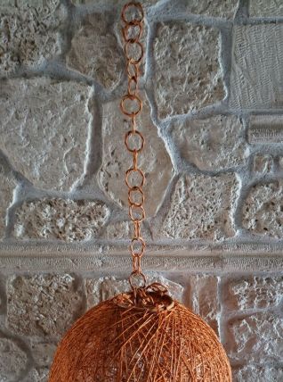 Suspension boule orange ficelle et rotin 1970