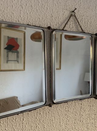 Miroir vintage 1960 triptyque barbier biseauté simili cuir s