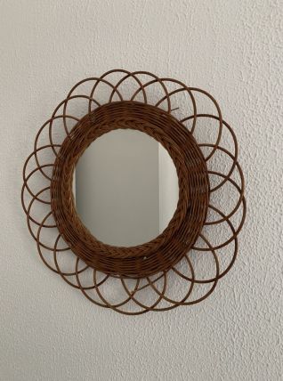 Miroir vintage 1960 soleil fleur rotin osier - 50 cm