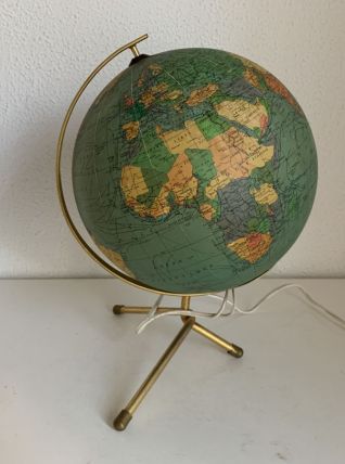 Ancienne mappemonde en verre, papier et métal doré de la mar