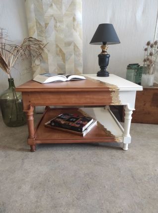 Table basse blanc, bois et feuille d'or