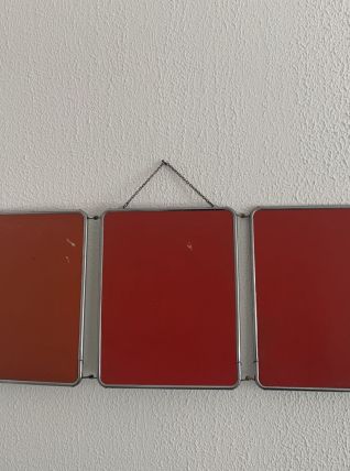 Miroir vintage 1960 triptyque barbier rouge orange - 31 x 78