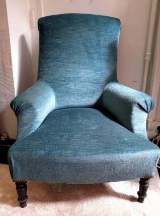 Fauteuil chauffeuse Napoléon 3 en velours bleu 