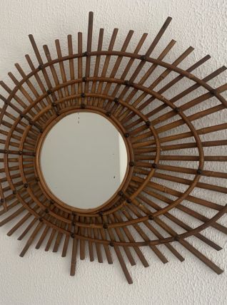 Miroir vintage 1960 soleil rotin style ORTF - 80 x 62 cm 