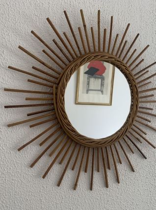 Miroir vintage 1960 soleil rotin osier - 55 cm