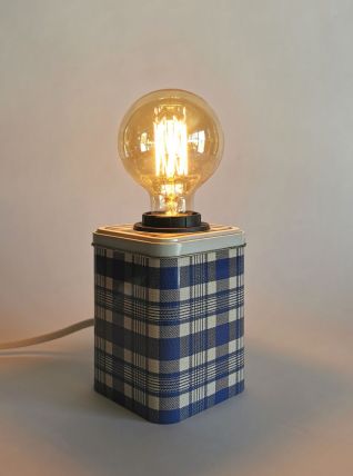 Lampe vintage chevet salon bureau boîte fer bleue "Carreaux"