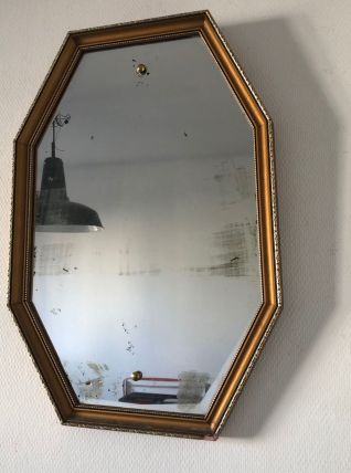 Miroir vintage 1950 octogonal biseauté bois doré - 65 x 44 c