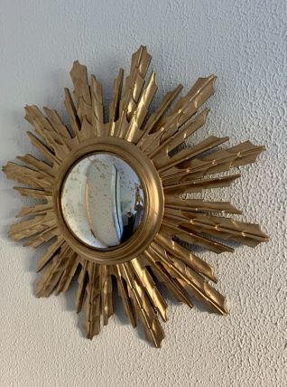 Miroir vintage 1960 soleil sorcière résine bois doré - 59cm