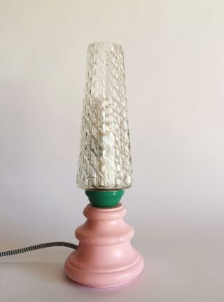 Lampe vintage chevet salon bureau bois verre "Rose bonbon"