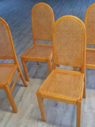 Lot de 4 chaises hêtre vernis et cannage