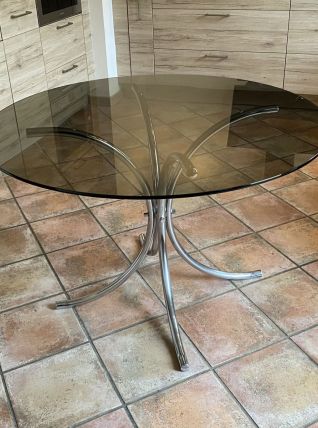 Table Roche Bobois.1970. Acier chromé et verre fumé.