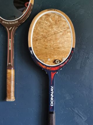 Miroir mural ovale bois raquette tennis vintage Donnay bleu